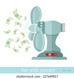 flat concept business icon fan or ventilator with flying money view sideways