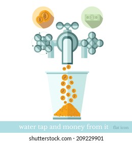 flat concept business icon gold coins flows from the water tap to glass