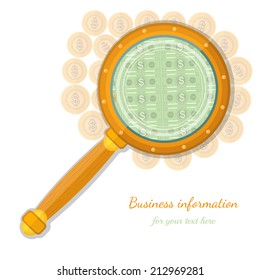 flat concept business icon gold coins  magnifying glass