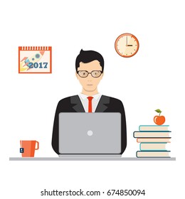 Flat Concept Of  Business, Online Education, Studying, E-learning. Businessman Or Student Is Sitting Front Of A Laptop With Books And Apple. There Are Clock And Calendar 2017 On The Back Wall. Eps 10