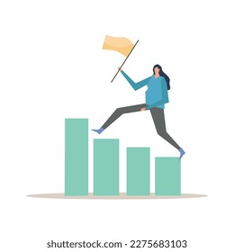Flat concept of business success with woman moving up holding winner flag vector illustration