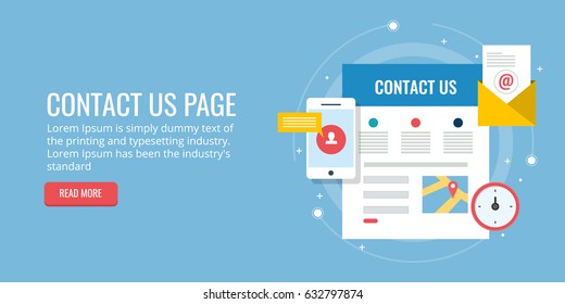 Flat concept of contact us page, website contact form, on-line inquiry, connect with audience vector banner isolated on blue background