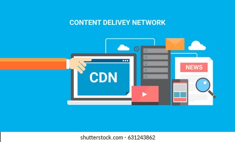 Flat concept for content delivery network, content distribution, CDN vector isolated on blue background