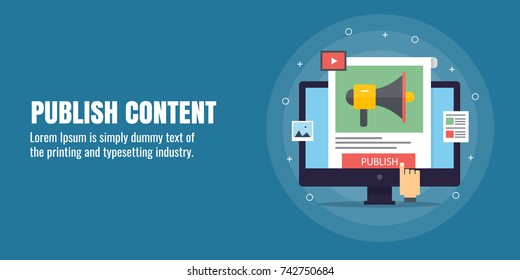 Flat concept of content publication, content marketing, sharing, curation vector banner with icons