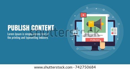 Flat concept of content publication, content marketing, sharing, curation vector banner with icons
