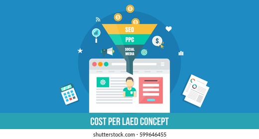 Flat concept of cost per lead, lead generation cost, advertising cost and paid marketing vector illustration with icons and elements