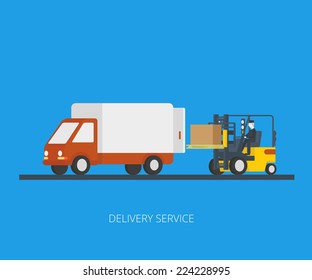 Flat concept of delivery truck with forklift loading pallet with box into the car. Modern logistics illustration of professional warehouse packaging processes