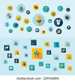 Flat concept, design with shadow, SEO. Set modern Icons mobile applications and web design. Working optimization:  Baby symbols collection