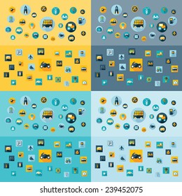Flat concept, design with shadow, SEO. Set modern Icons mobile applications and web design. Working optimization:  transportation