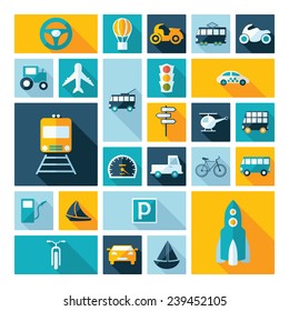 Flat concept, design with shadow, SEO. Set modern Icons mobile applications and web design. Working optimization:  transportation