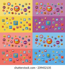 Flat concept, design with shadow, SEO. Set modern Icons mobile applications and web design. Working optimization:  cinema