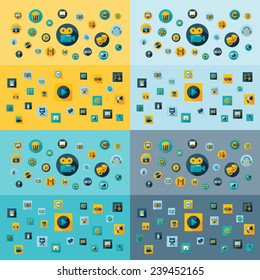 Flat concept, design with shadow, SEO. Set modern Icons mobile applications and web design. Working optimization:  cinema