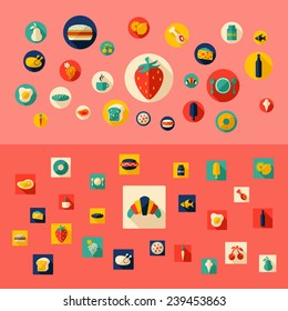 Flat concept, design with shadow, SEO. Set modern Icons mobile applications and web design. Working optimization:  food