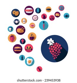 Flat concept, design with shadow, SEO. Set modern Icons mobile applications and web design. Working optimization:  food