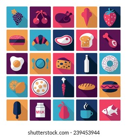 Flat concept, design with shadow, SEO. Set modern Icons mobile applications and web design. Working optimization:  food