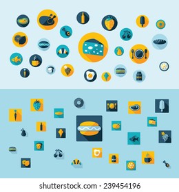 Flat concept, design with shadow, SEO. Set modern Icons mobile applications and web design. Working optimization:  food