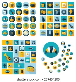 Flat concept, design with shadow, SEO. Set modern Icons mobile applications and web design. Working optimization:  food