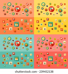 Flat concept, design with shadow. Set modern Icons mobile applications and web design. Working optimization:  cinema