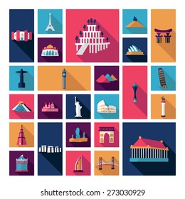 Flat concept design with shadow sights of world famous monuments