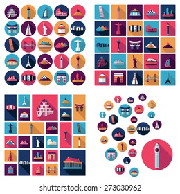 Flat concept design with shadow sights of world famous monuments