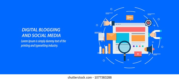 Flat concept - Digital blogging, Content marketing, Social media vector illustration