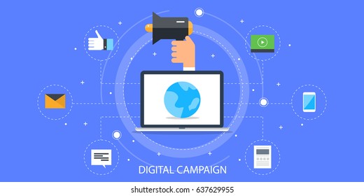 Flat Concept For Digital Campaign Management Vector Banner With Icons Isolated On Blue Background