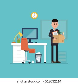 The flat concept of dismissing from employment. Vector illustration where the employee leaves the office with a box of things. Simple concept with working situation.