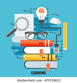 Flat concept of distance education and e-learning. Can be used for poster, banner, magazine, web design. Best solution for graphic designers. Vector illustration.