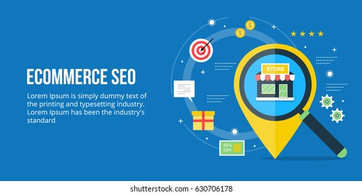 Flat concept for E-commerce SEO, local business SEO, on-line sales optimization vector banner with icons isolated on blue background