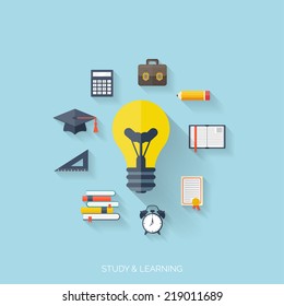 Flat concept education background. Back to school. Distance learning. Study in university.  