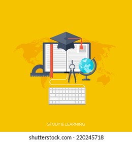 Flat concept education background. Back to school. Distance learning. Study in university.  