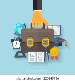 Flat concept education background. Back to school. Distance learning. Study in university.  
