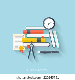 Flat concept education background. Back to school. Distance learning. Study in university.  