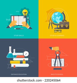 Flat concept education backgrounds set. Back to school. Distance learning. Study in university.  