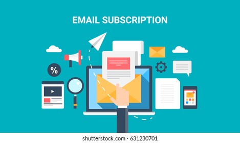 Flat Concept email subscription, opening email, newsletter marketing vector illustration with marketing icons isolated on dark background