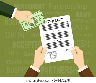  Flat concept of financial operations, rent, sale, business. Top view the man hand giving money and hands holding a contract. The words on the background. EPS 10
