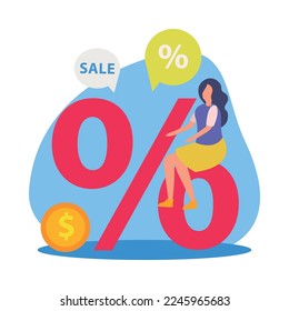 Flat concept of great sale with percent sign and female character vector illustration