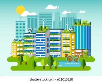 El concepto plano de la ciudad verde. Naturaleza ecológica, construcción y agricultura ecológica, productos orgánicos. La vida en un pueblo limpio. Ilustración vectorial.