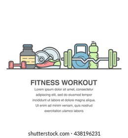 Flat concept of gym banner or fitness advertisement with dumb bells, sneakers, sport bottle and barbell.