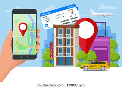 Flat concept of hotel search and booking online. Hand holding a smartphone. Mobile application for renting accommodations.