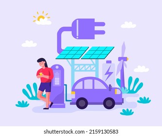 flat concept illustration Battery charging station for electric ev cars to replace petrol cars. as future transportation make the environment better