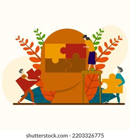 Flat concept illustration. The business team makes a jigsaw puzzle in the shape of a head. Business team building puzzles in the shape of heads.