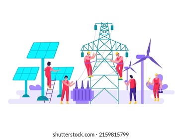 flat concept illustration Electricians are taking care of using renewable energy to generate electricity, including turbines, solar cells, storing energy in batteries. make the ecosystem better