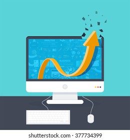 Flat concept illustration of growth. The arrow hit the glass display and strive upward symbolizing growth and economic prosperity