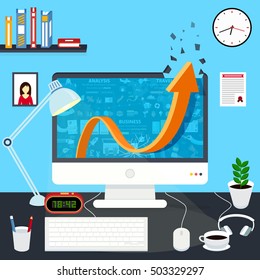 Flat concept illustration of growth. The arrow hit the glass display and strive upward symbolizing growth and economic prosperity