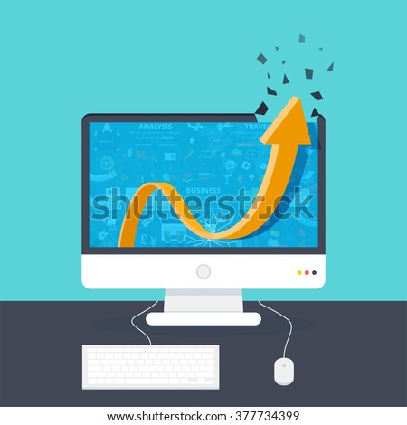 Flat concept illustration of growth. The arrow hit the glass display and strive upward symbolizing growth and economic prosperity