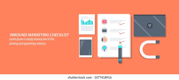 Flat concept for Inbound marketing, marketing checklist, Strategy development vector banner