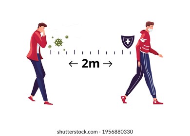 Flat concept with infected man keeping 2 metres safety distance from healthy person in mask vector illustration
