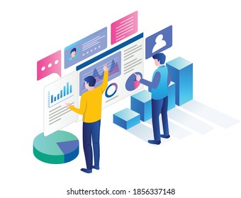 Flat concept isometric illustration, analyze SEO optimization and web developers