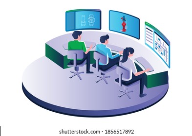 Isomometrische Illustration mit flachem Konzept, Kontrollraum mit mehreren Arbeitsteams